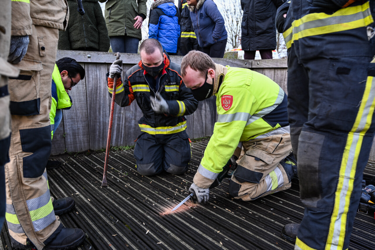 Brandweer bevrijdt kat ‘Balou’ uit benarde positie onder steiger