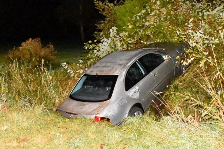 Automobilist gaat rechtdoor over T-splitsing in De Wilp; schrikhek en Mercedes total loss