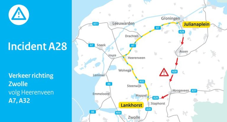Kilometerslange file en omleiding tot aan het middaguur op route A28 Hoogeveen-Zwolle na verkeersongeval
