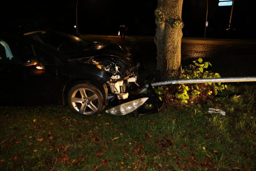 Auto raakt van de weg en botst tegen boom