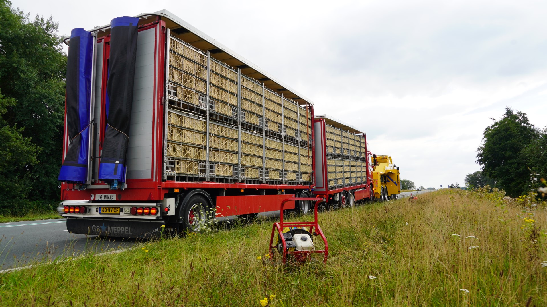 Brandweer koelt vrachtwagen met kippen die met pech staat
