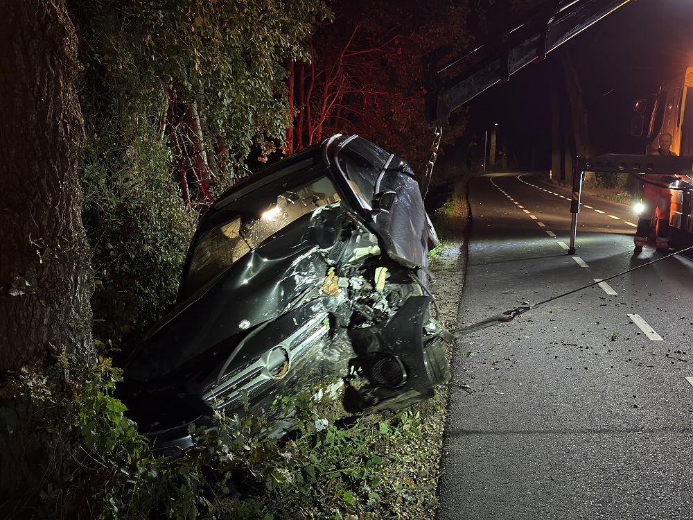 Auto klapt frontaal tegen boom: twee gewonden