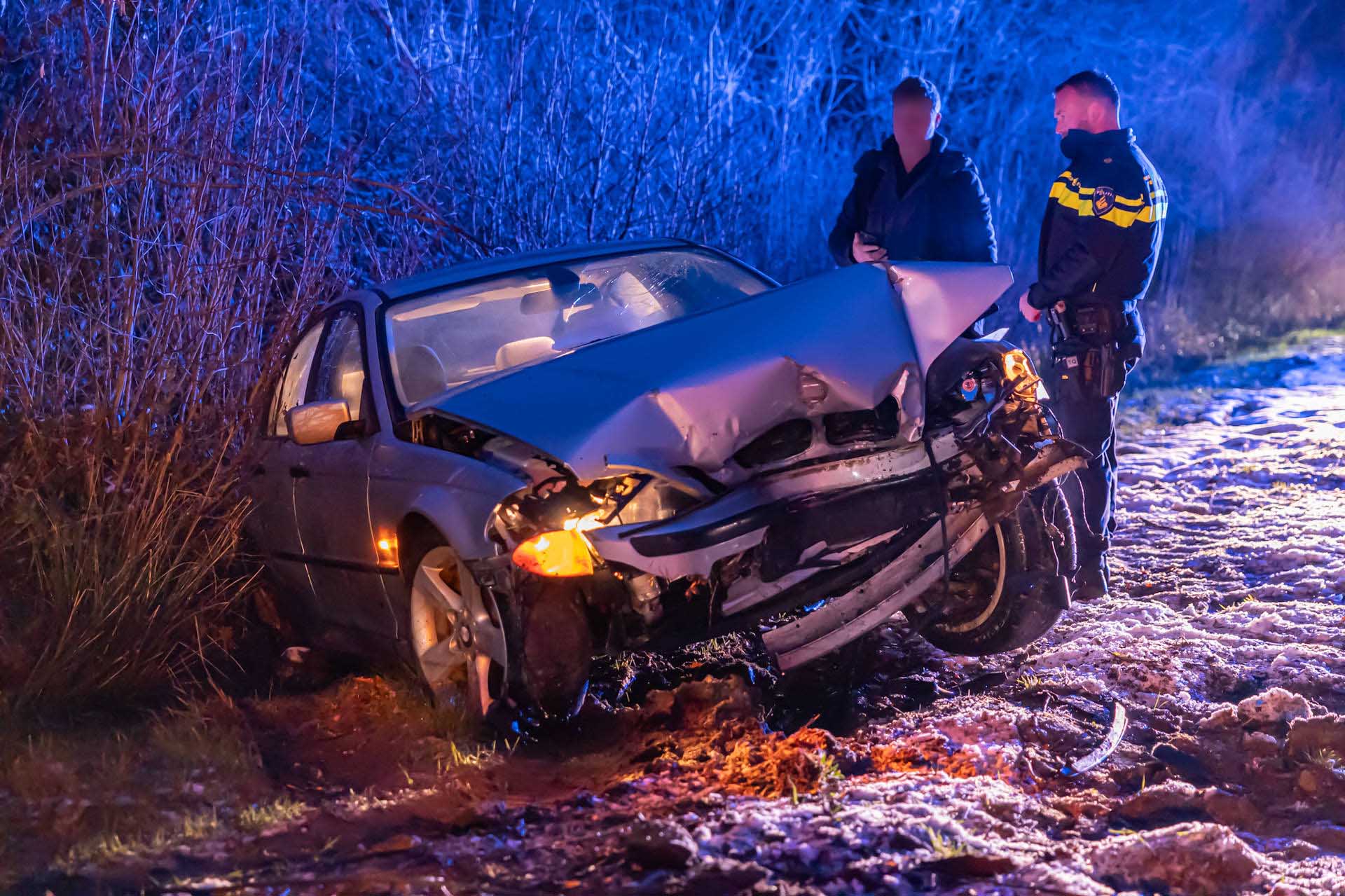 Auto raakt van de weg en botst tegen struiken