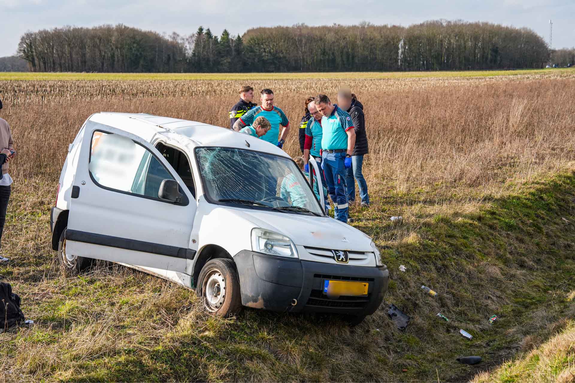 Auto slaat over de kop en belandt in weiland