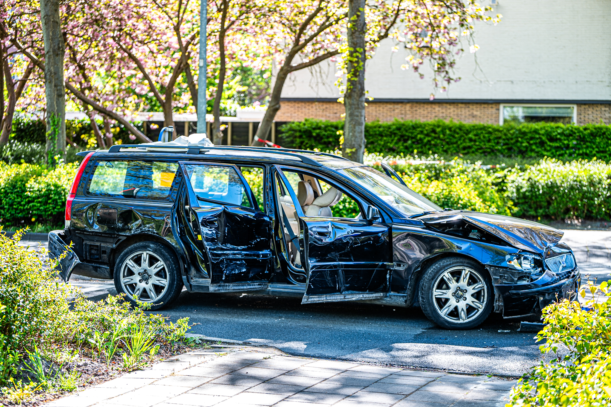 Black SUV with extensive side damage and open doors parked in a sunny lot among blooming trees and shrubs.